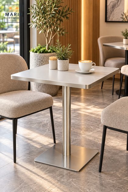 Modern Café Table | Square Silver Pedestal Table with Central Column & Stable Base for Coffee Shop, Restaurant, Bistro & Dining Area – 60 × 60 × 75 cm