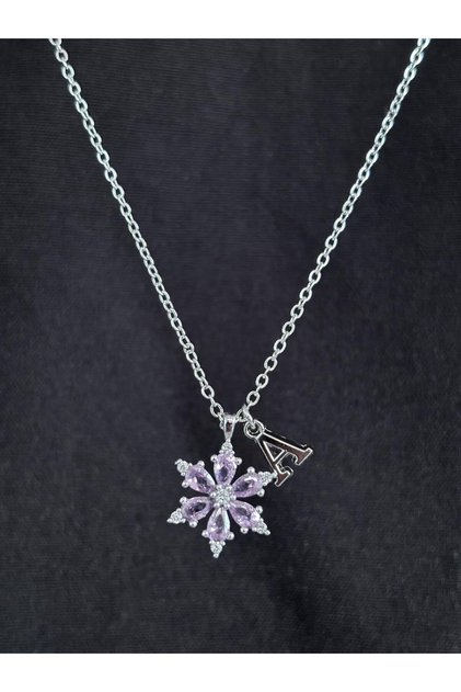 Pink Zircon Stone Lotus Flower Letter a Women's Steel Necklace