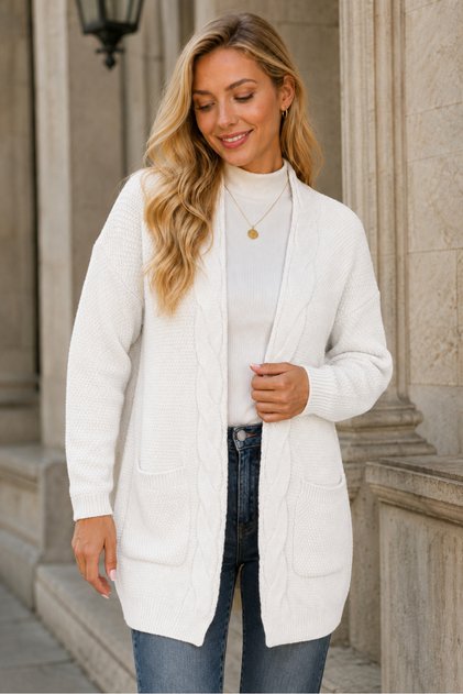 Women's Closureless Long Sleeve Pocketed Hair Braided Comfortable Fit Soft Stylish Daily White Knitwear Cardigan