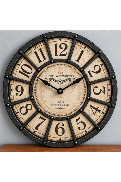 Paris Vintage 50 cm Metal Görünümlü Büyük Dekoratif Duvar Saati