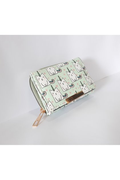 Children's Wallet 11X8X4 cm Green Color Cat Patterned Children's Wallet