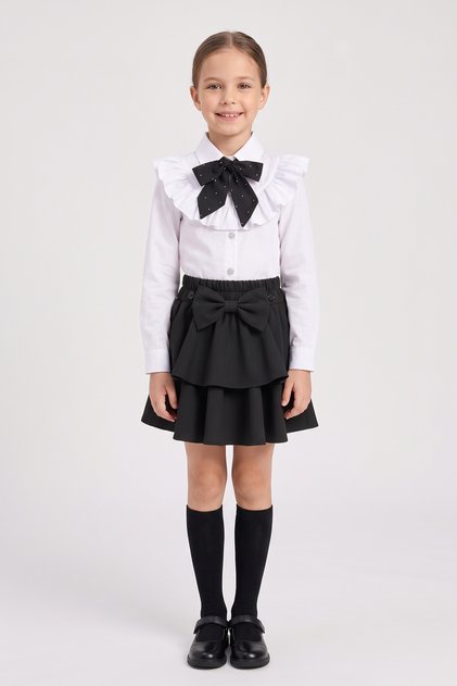 Girl's Black Scarf, Polka Dot Ruffle Collar, White Long Sleeve Shirt, Black Layered Skirt, April 23, October 29 Show Outfit