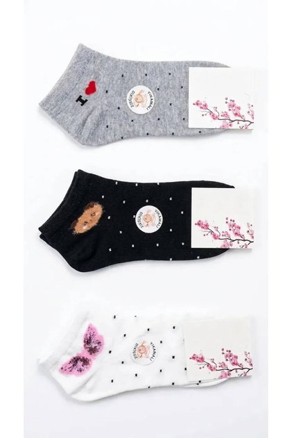 Women's Booties Socks 3-Pack Black Teddy Bear Gray L Love You White Butterfly Patterned Dotted Socks