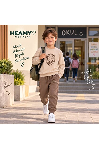Erkek Çocuk Aslan Baskı Figürlü Eşofman Takımı, İki İplik Premium Compact Penye – Alt Nakış Yazılı, Günlük Kullanım, Okul ve Kreşe Uygun