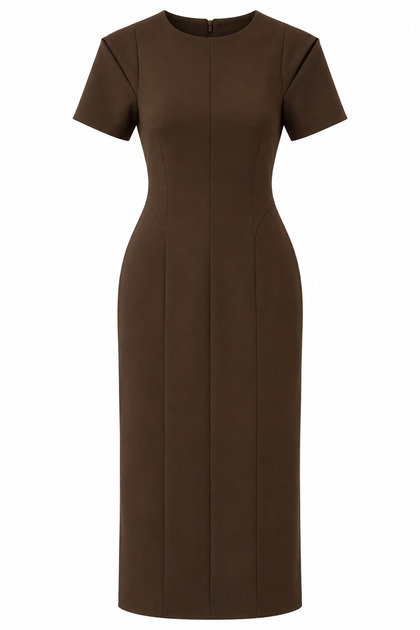 Brown Short Sleeve Crew Neck Midi Dress