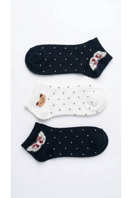 Women's Booties Socks 3-Pack 2 Black Butterfly Patterned 1 White Teddy Bear Patterned Cotton Sports Socks