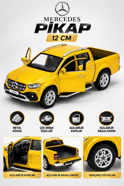 Mecedes Benz Pikap Sarı 12 cm Metal Açılabilir Kapılar Gerçekçi Görünümlü Oyuncak Araba