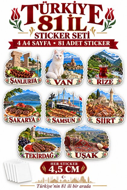 81 İl Temalı Türkiye Sticker Seti (4 Sayfa) – Seyahat, Ajanda, Valiz ve Laptop Etiketi