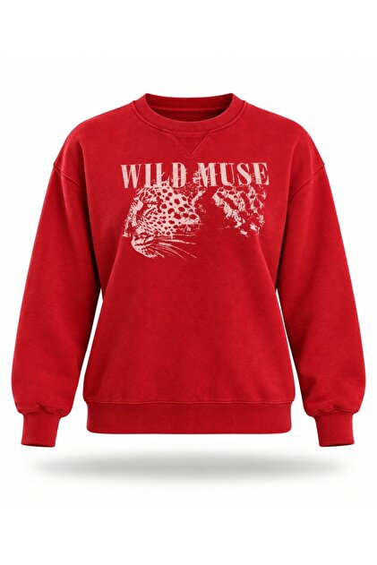 Kırmızı Wild Muse Baskılı Sweatshirt 19106