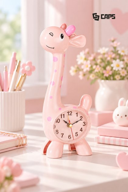 Zürafa Şekilli Dekoratif Masa Saati | Pastel Renk Çocuk Odası Analog Saat