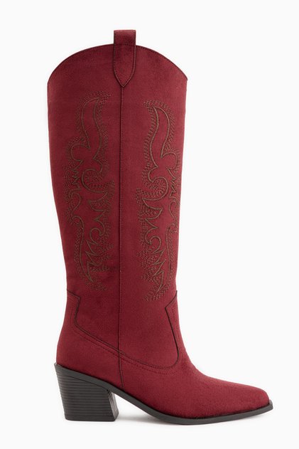 Ronnie Burgundy Suede Embroidery Detailed Western Long Women's Boots
