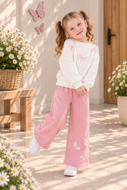 Girl's Butterfly Detailed Sweatshirt Wide-Legged Trousers Set 2-3-4-5 Years Old Pink Claret Red Brown