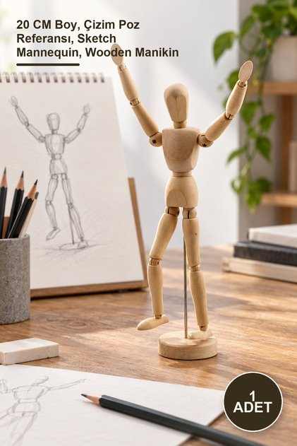 1 Adet Ahşap Eskiz Manken – 20 CM Boy, Çizim Poz Referansı, Sketch Mannequin, Wooden Manikin