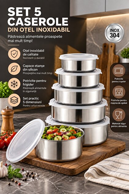 Set 5 Caserole Alimentare din Oțel Inoxidabil, cu Capace din Silicon Anti-Scurgere, 10-18 cm
