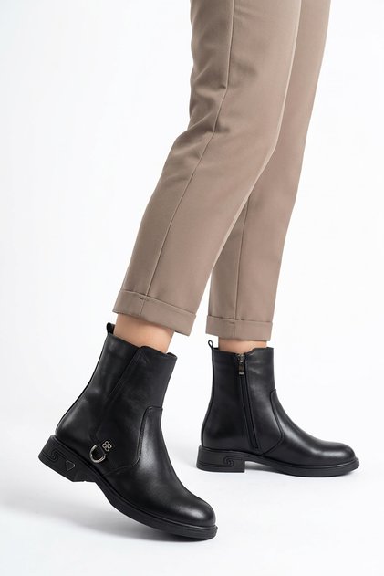 Serven side scarf buckle base detailed genuine leather women's boots black skin