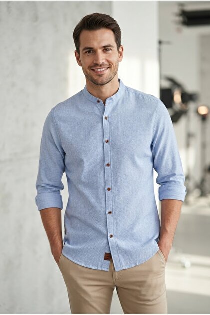Men's Regular Fit Comfortable Cut Long Sleeve Stand Collar 100% Cotton Shirt