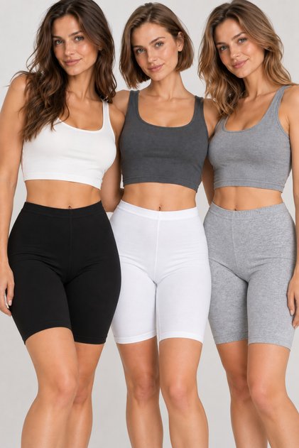 Women's 3-Piece Cotton Stretchy Above-Knee Biker Leggings Daily Basic