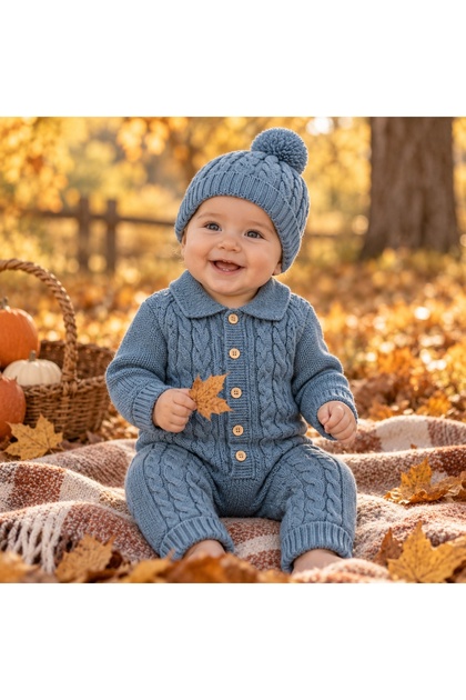 Salopeta bebe baiat din lana naturala tricotata cu caciula albastra model torsade