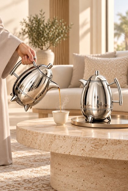 طقم ترامس حراري من الستانلس ستيل الفضي الامع بمقابض أنيقة – عزل استثنائي وأسلوب عصري لإكرام ضيوفك