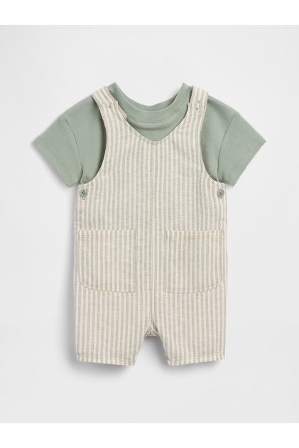 Bebek Yeşil Keten Pamuk Karışımlı Kısa Tulum Outfit Set