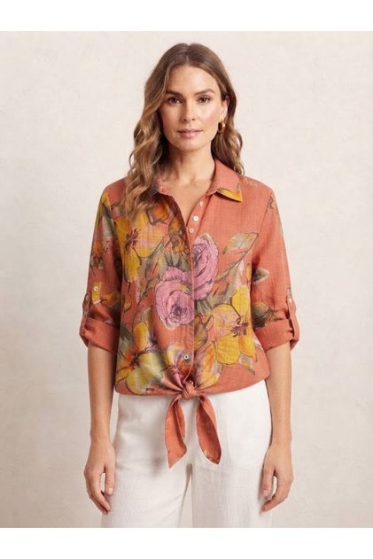 Women's Italian Marshmallow Floral Patterned Front Tie 100% Cotton Shirt Blouse