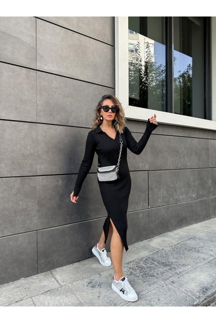 Black Polo Collar Knit Dress with Slit Detail