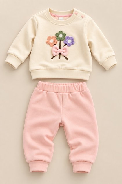 Baby Girl Set with Floral Appliques and Bow Detail, 2-Piece Top and Bottom Set, Seasonal, 6 9 12 18 24 Months