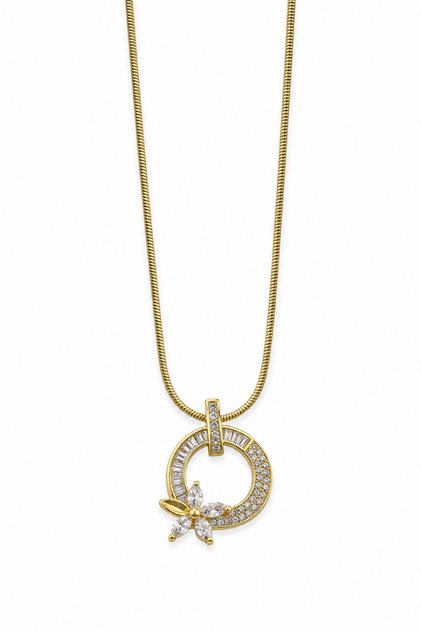 Steel Yellow Color Zircon Stone Round and Flower Detailed Women's Necklace