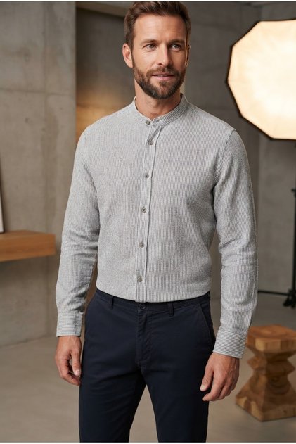 Men's Regular Fit Comfortable Cut Long Sleeve Stand Collar 100% Cotton Shirt