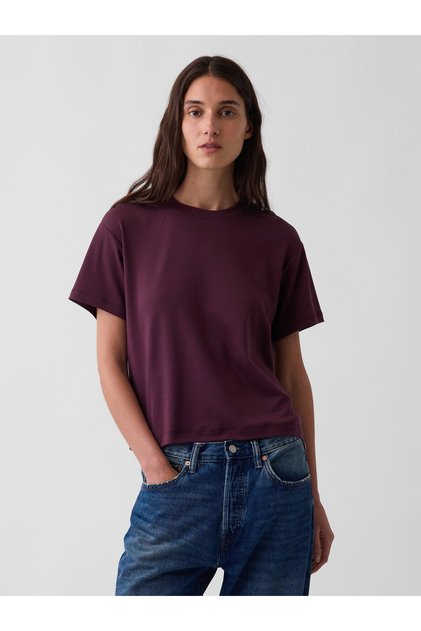 Kadın Bordo Supima® Pamuk Relaxed T-Shirt