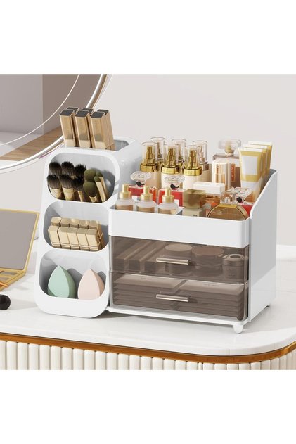White Makeup Organizer for Vanity,Large Cosmetic Storage with Drawers and Brush Holder for Skincare,Perfume,Lipsticks and Nail Polish