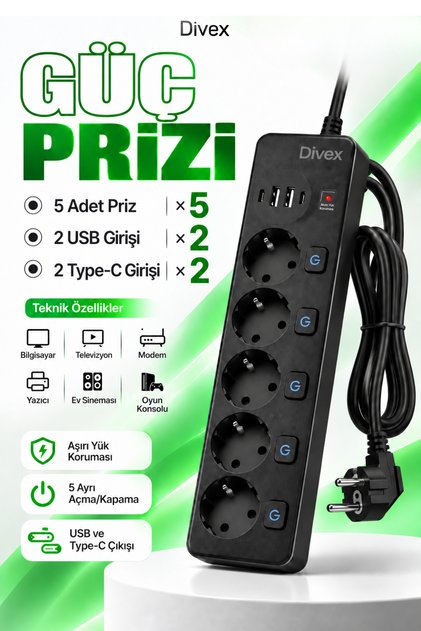 5’li Akım Korumalı Priz 2500W 10A, 2 USB + 2 Type-C Girişli Anahtarlı Çoklu Şarj İstasyonu-2METRE KABLO