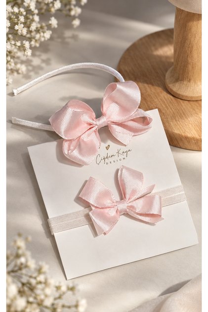 Salmon Colored Mother Baby Bow Crown Hairband Set