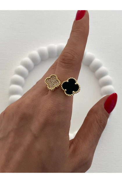 Special Series Clover Design Black Adjustable Gold Ring