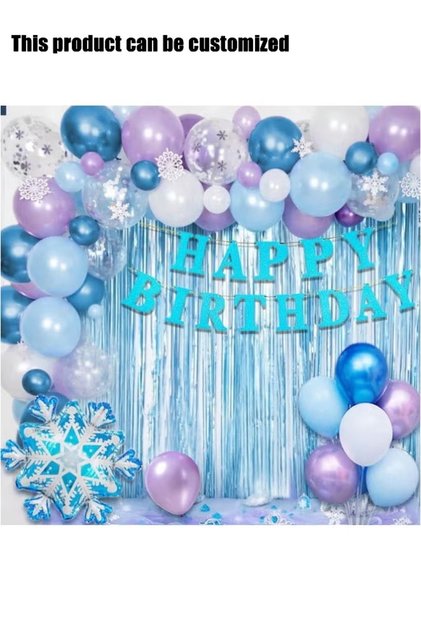 Frozen Snowflake Balloon Garland Arch Kit, Blue Purple White Confetti Balloons with Happy Birthday Banner & Tinsel Curtain for Girl Birthday Party Decorations