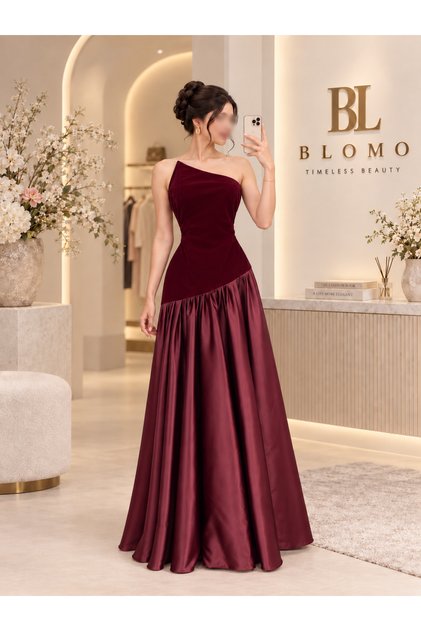 Burgundy Long Evening Dress with Slanted Cut