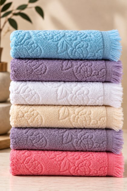 Hand Towel 50X90 cm Set of 6 Jacquard Patterned Fringed Soft Hand and Face Towels