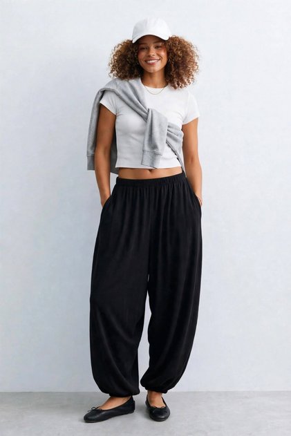 Women's Jogger Pants with Elastic Waist and Cuffs - Black
