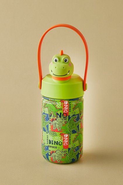 Duosip Dino Çocuk Pipetli Dinazor Tasarımlı Okul Su Matarası Termos 350 ml