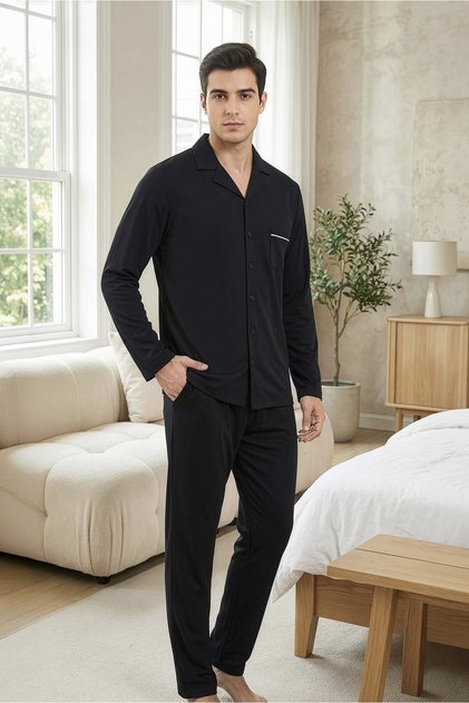 Men's black long-sleeve button-down shirt collar pajama set, 100% cotton, hospital pajamas
