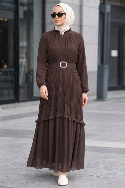 Dark Brown Hijab Dress with Buckle Belt 24683Kkh