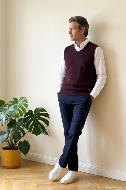 Men's V-Neck Burgundy Sweater Cotton Knitwear Rice Patterned Steel Knit Classic Fit - 5410H