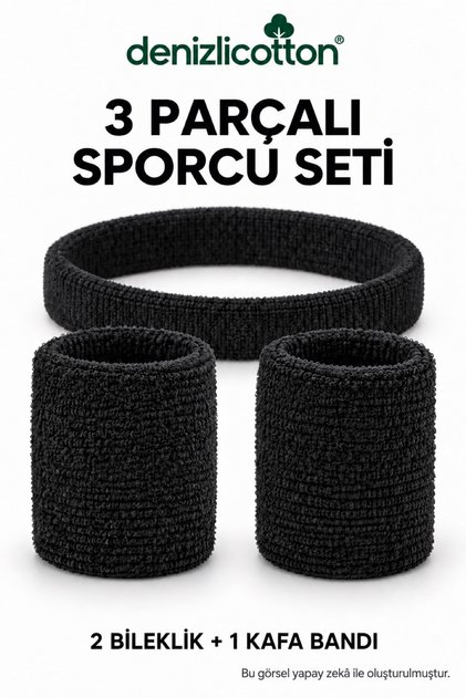 Siyah Havlu Sporcu Seti 3 Parça – 2 Bileklik 9 cm ve 1 Kafa Bandı Fitness Tenis Ter Bandı