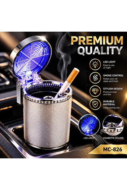 Premium Car Ashtray with LED Light MC-826, Universal Auto Interior Ash Holder with Smoke Control Design, Durable Vehicle Trash Container with Stylish Finish for Car Cup Holder & AC Vent Mount