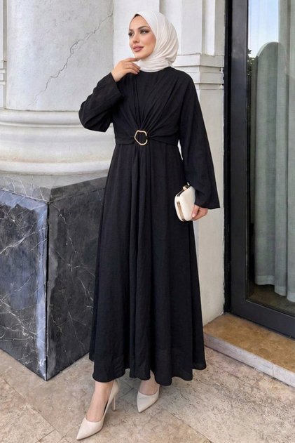 Drape Buckle Black Hijab Dress 26168S