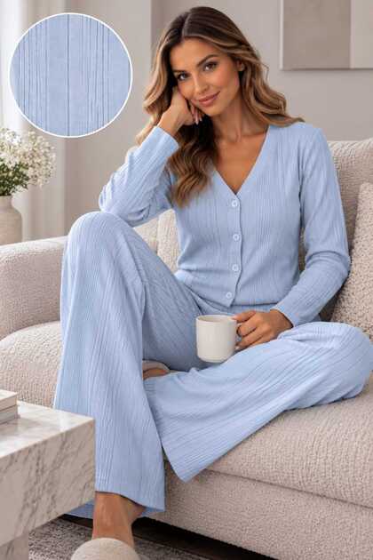 Women's Buttoned V-Neck Cardigan and Wide-Leg Trousers