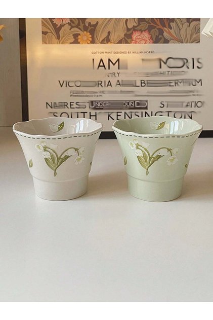 2pcs Lily of the Valley Ceramic Mug Set, 130ml Floral Porcelain Tea Cups with Exquisite Embroidery-Style Pattern, Perfect for Afternoon Tea, Coffee, Home, Restaurant, and Café Use, Elegant Green Flor
