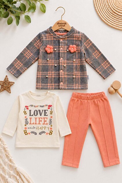 Girl baby 3-piece set with pearl plaid flower detailed jacket bodysuit pants 6-24 months