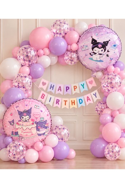 Party Kuromi Birthday Decoration Set | Double Sided Foil Balloon, Pink Purple Balloon, Happy Birthday Banner