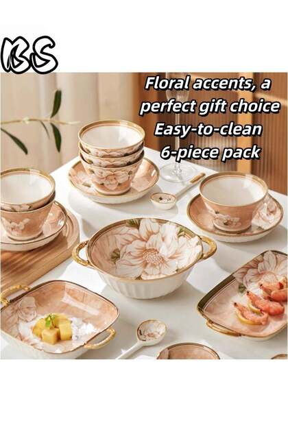BS 6 pcs Camellia Pattern Ceramic Tableware - Great Value | Includes two spoons | Ideal for everyda